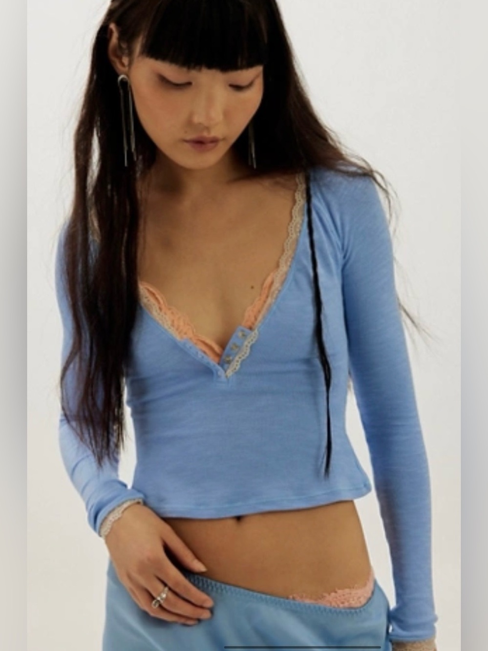 Light Blue Long-Sleeve Lace-Trim Top